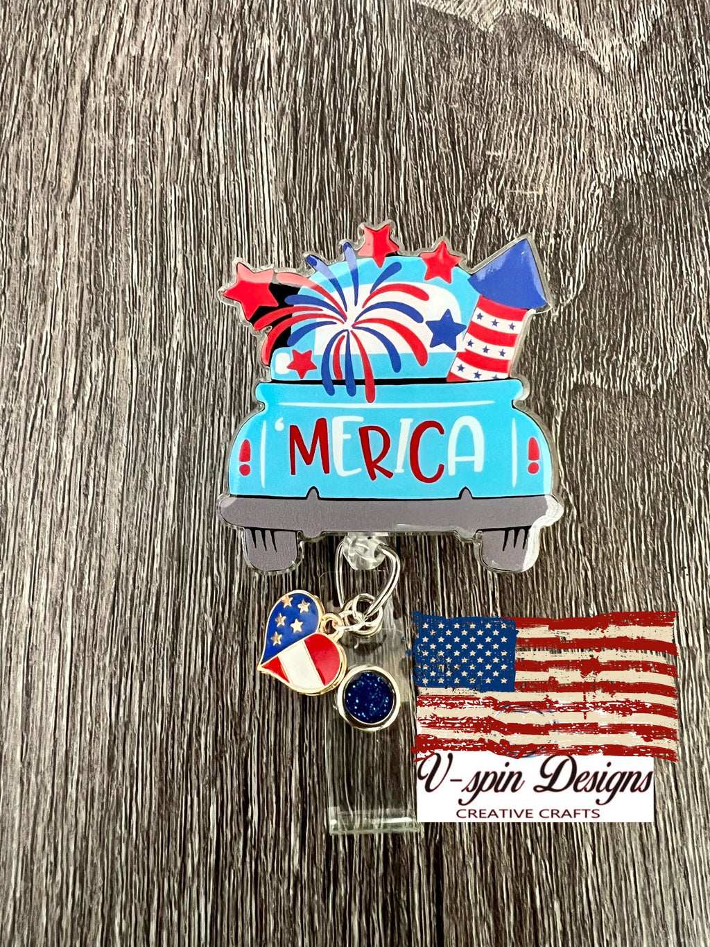 Patriotic Fireworks Truck Badge Reel | 4th of July Retractable Acrylic ID Holder