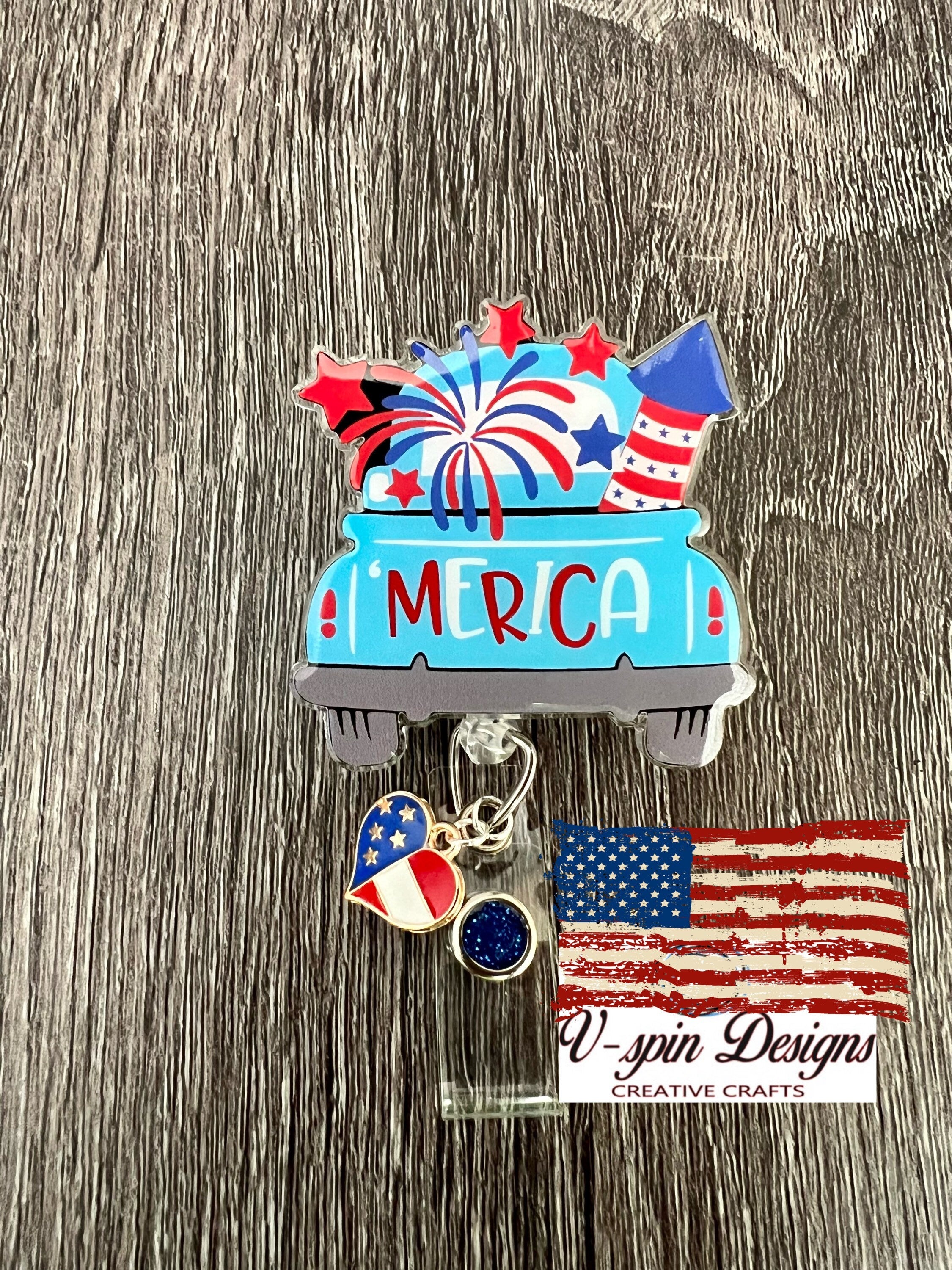 Patriotic Fireworks Truck Badge Reel | 4th of July Retractable Acrylic ID Holder
