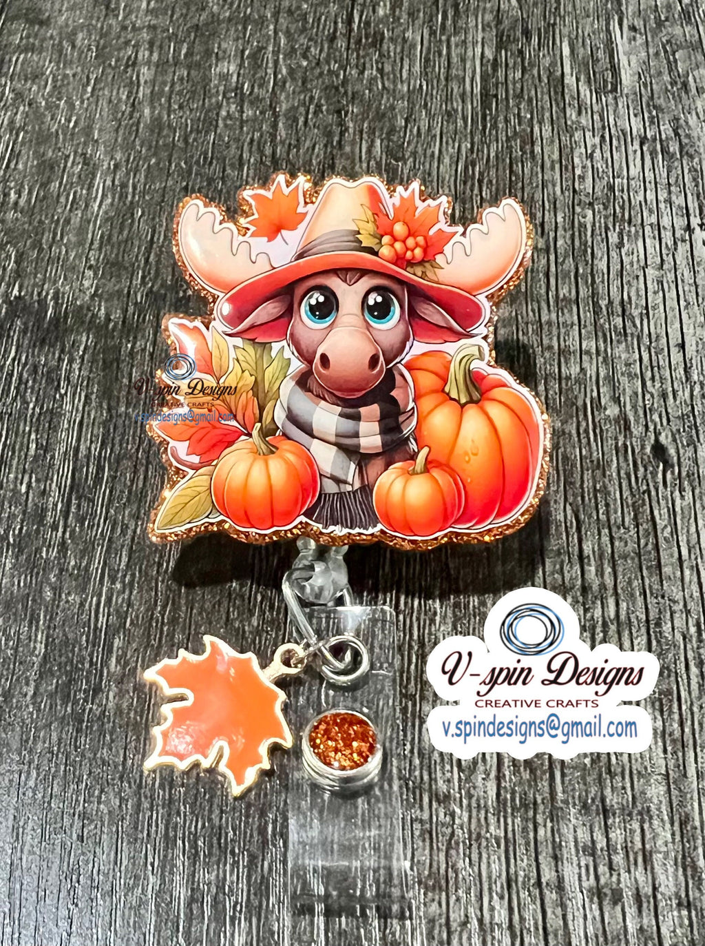 Fall Moose Badge Reel | Orange Glitter Retractable Acrylic ID Holder
