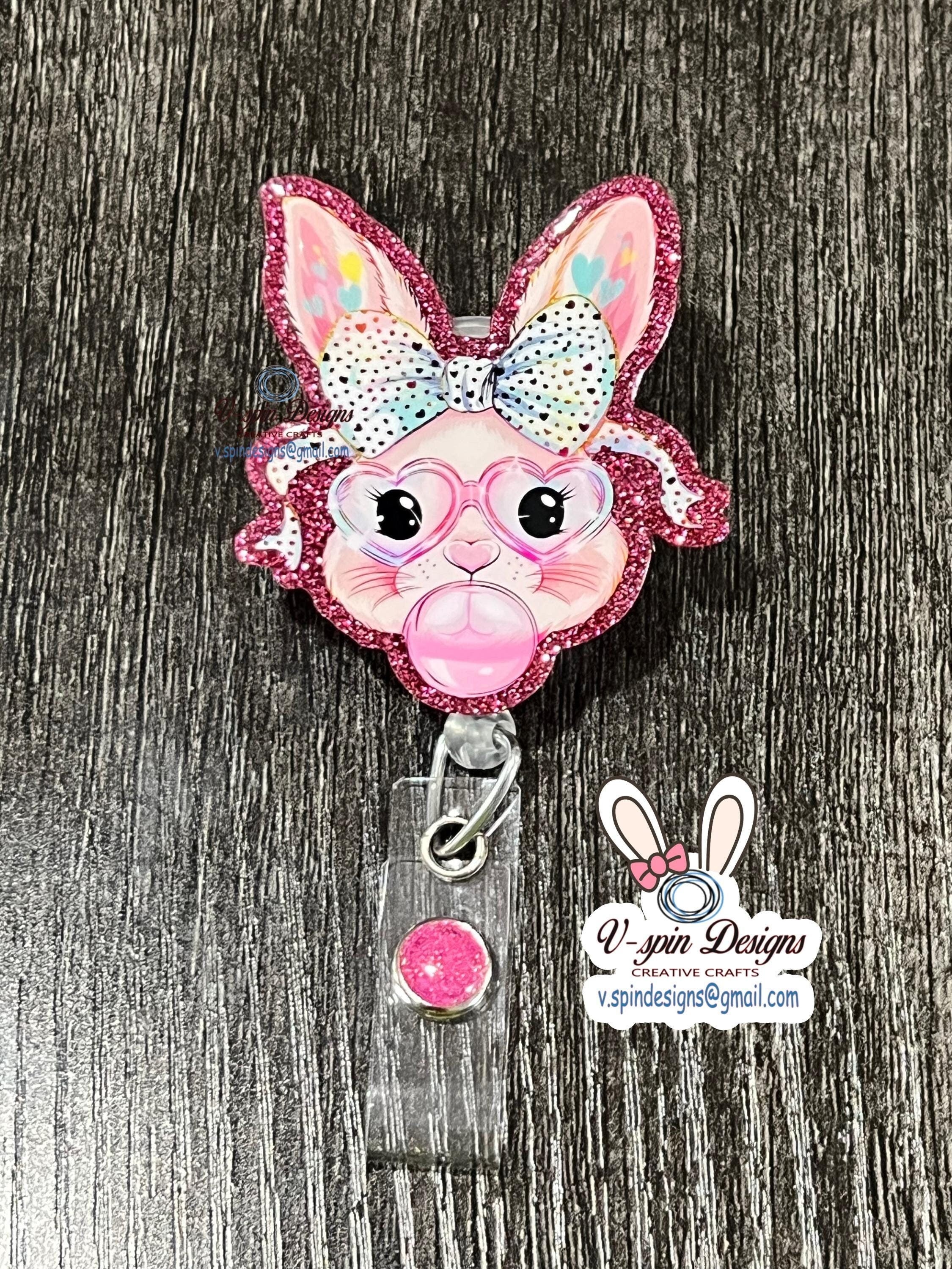 Easter Bunny Acrylic Badge Reel: Pink Glitter ID Holder