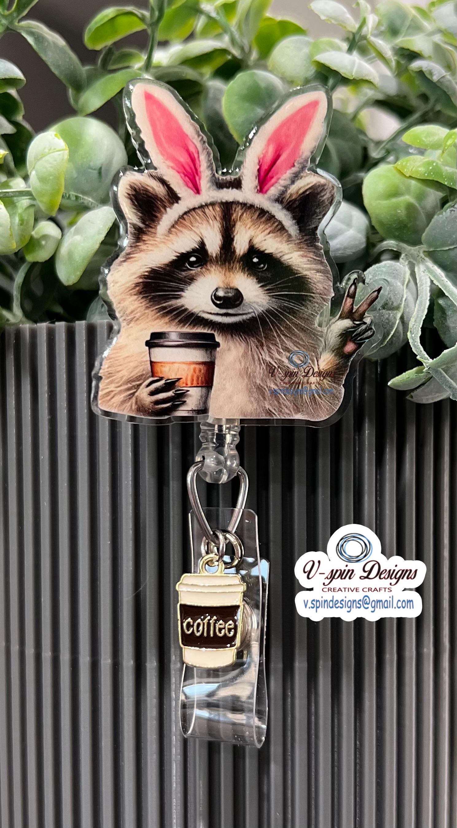 Racoon Bunny Badge reel/ID Holder/card holder/nurse badge reels/Easter Racoon coffee badge reel