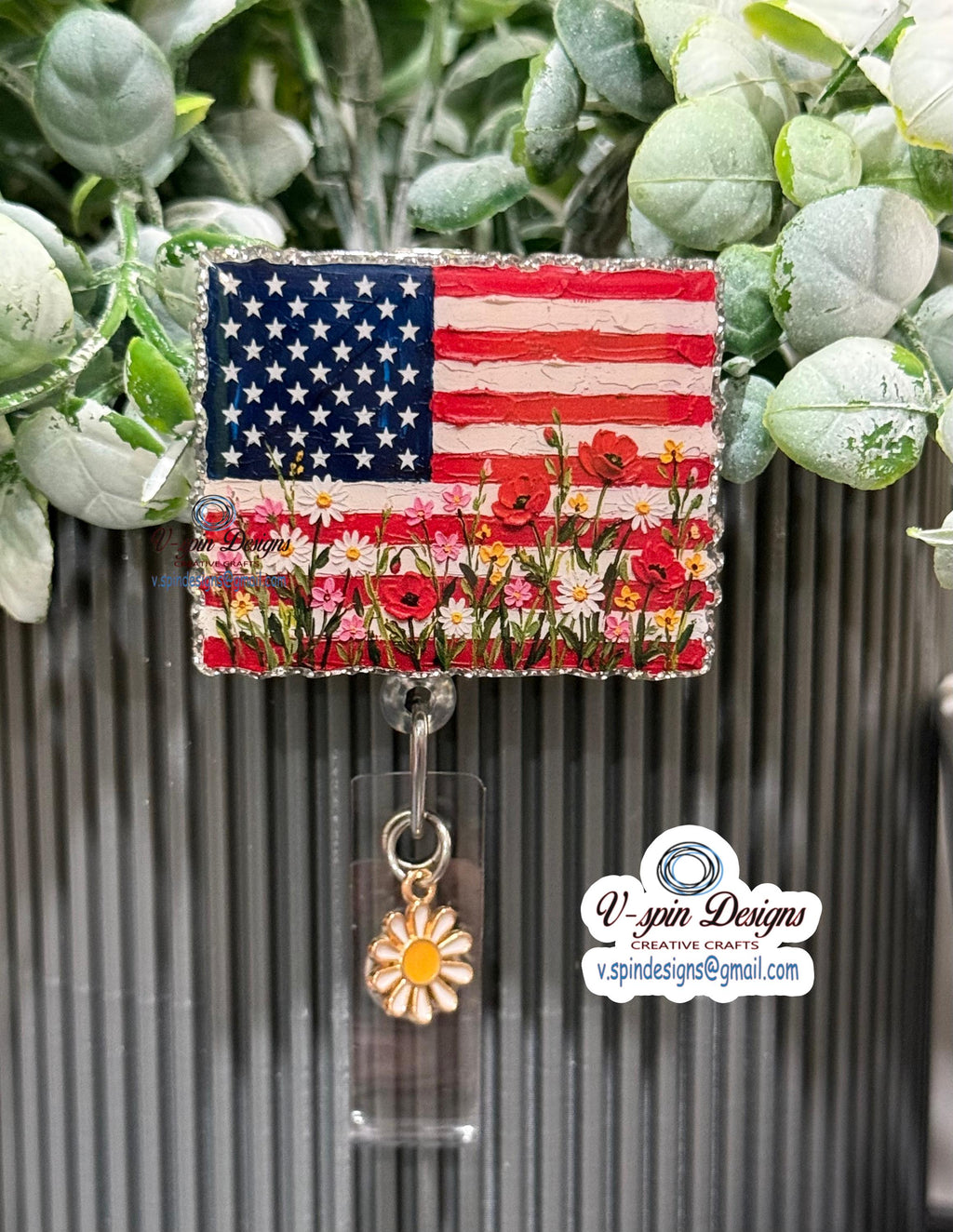 USA Flag Painted Flower Badge Reel | Patriotic Silver Glitter Retractable ID Holder