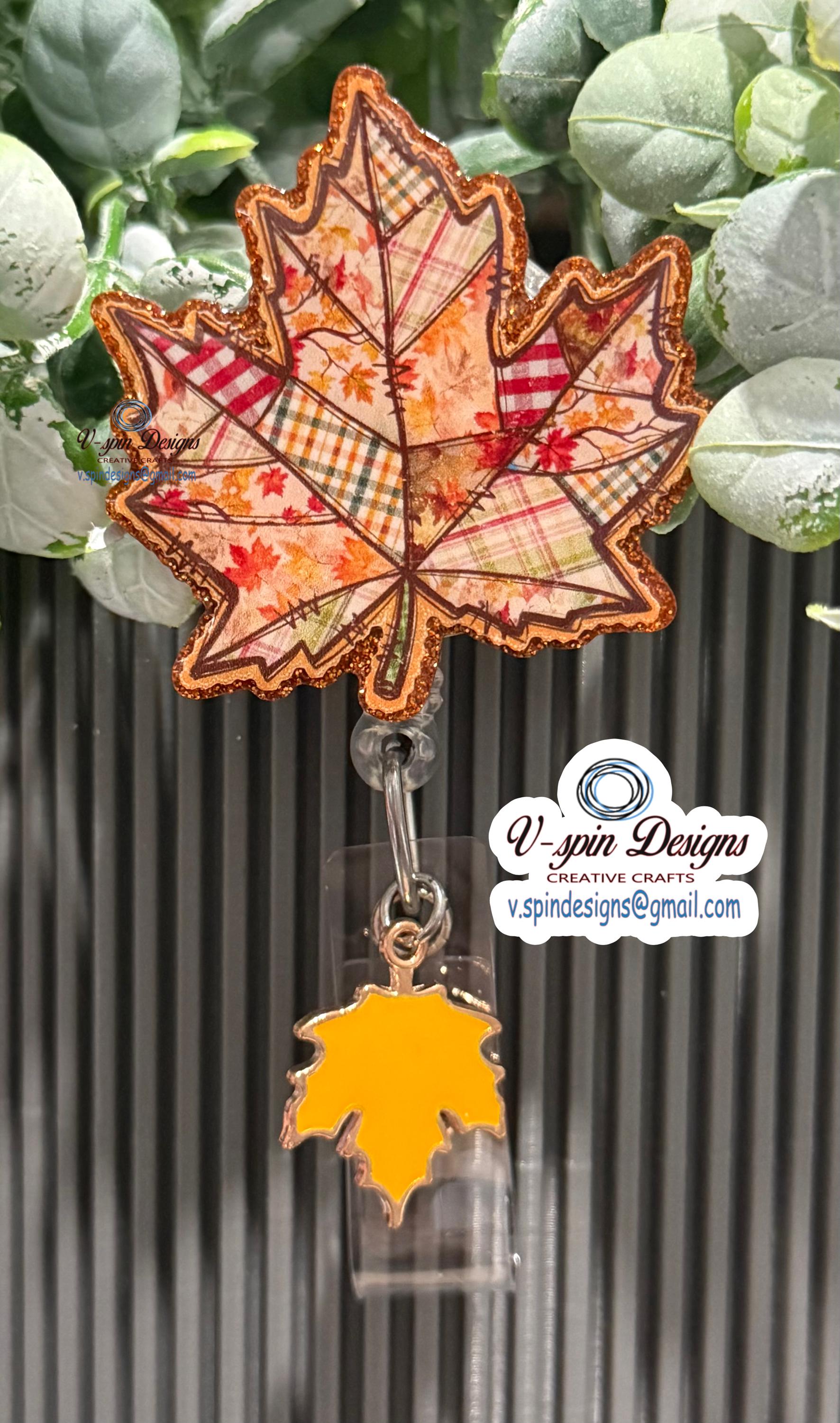 Vintage Patchwork Maple Leaf Badge Reel | Fall Retractable Acrylic ID Holder