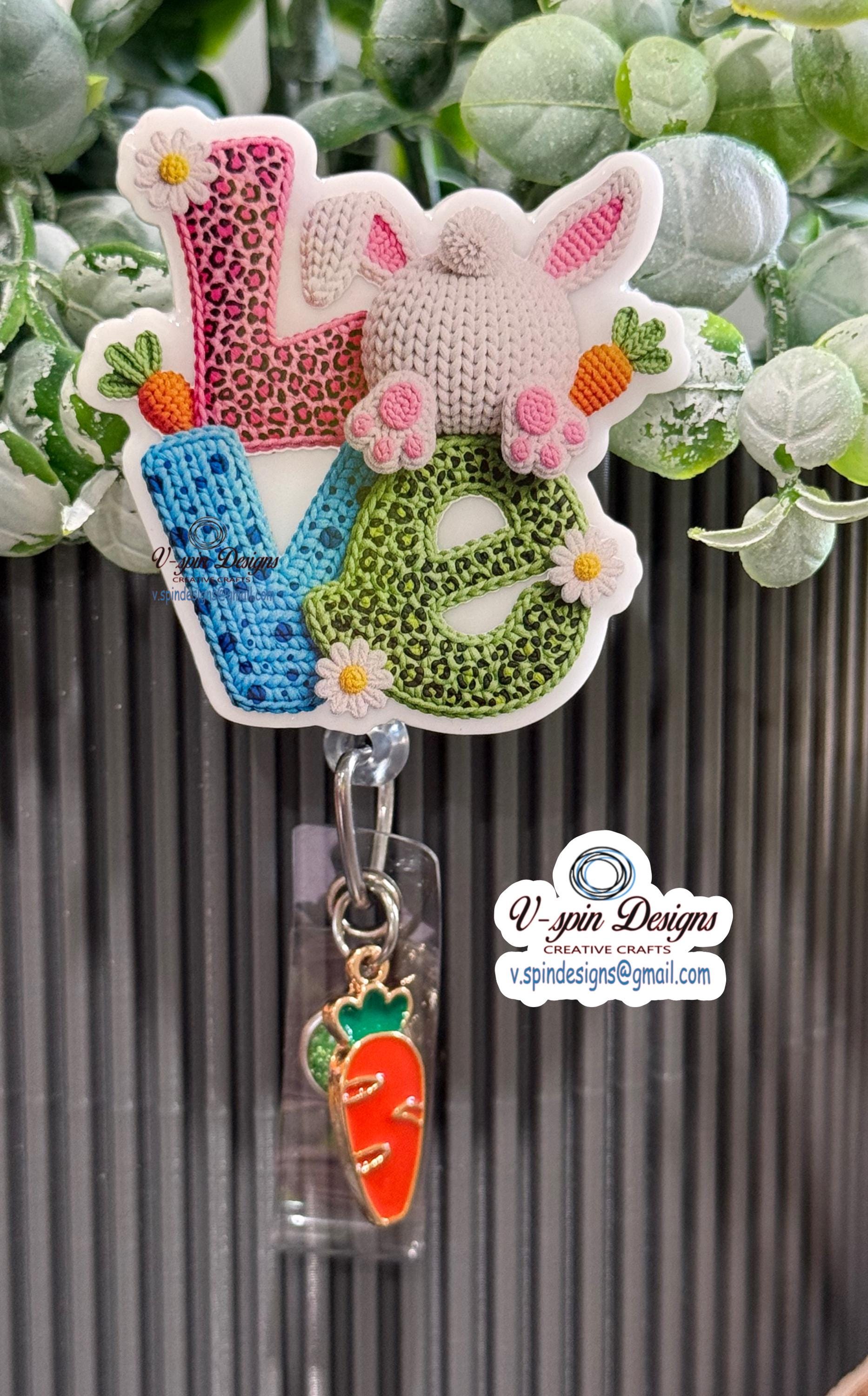 Easter Bunny Butt Badge Reel: Funny Crochet-Look Acrylic ID Holder