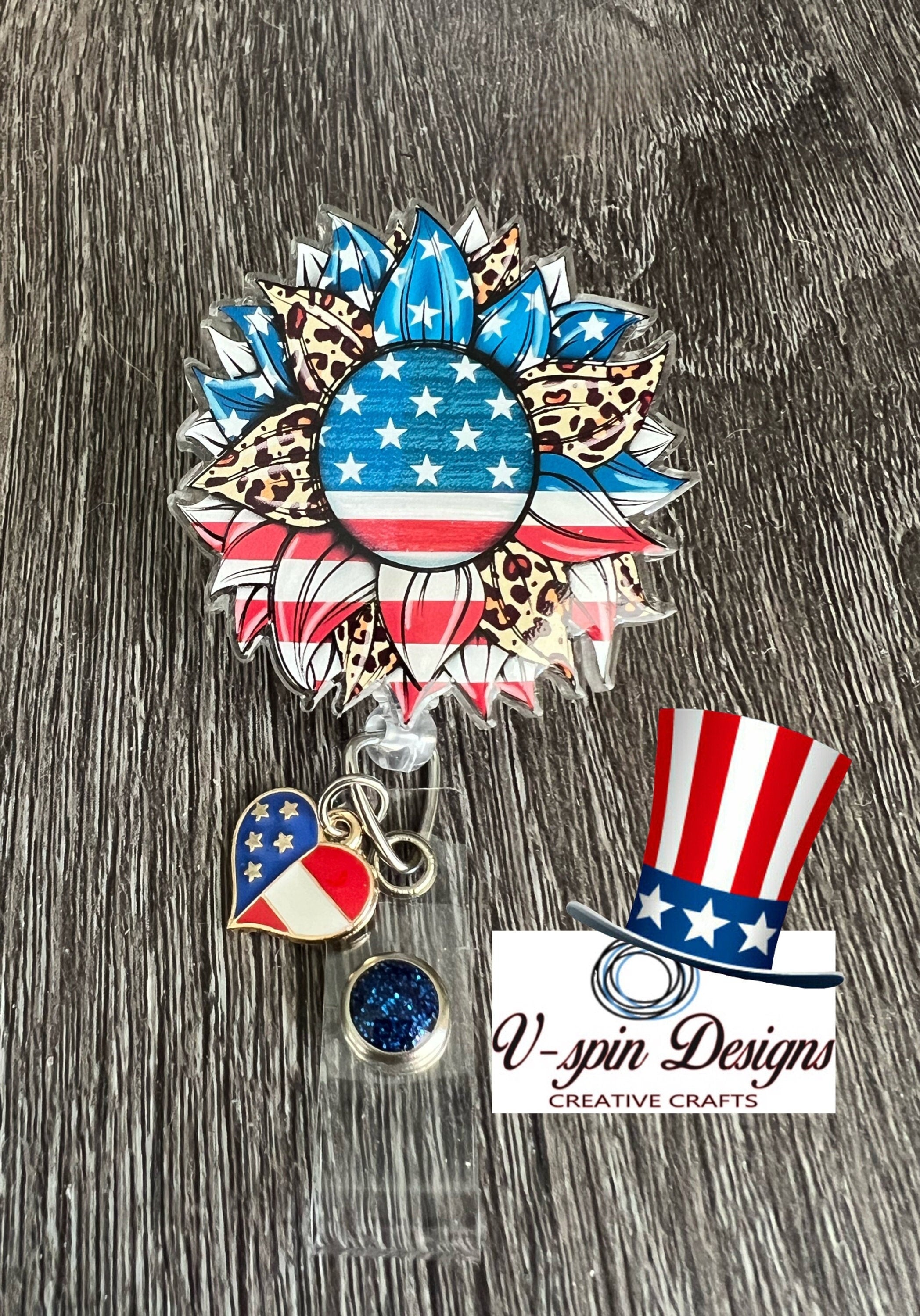 Patriotic Sunflower Badge Reel | 4th of July Retractable Acrylic ID Holder