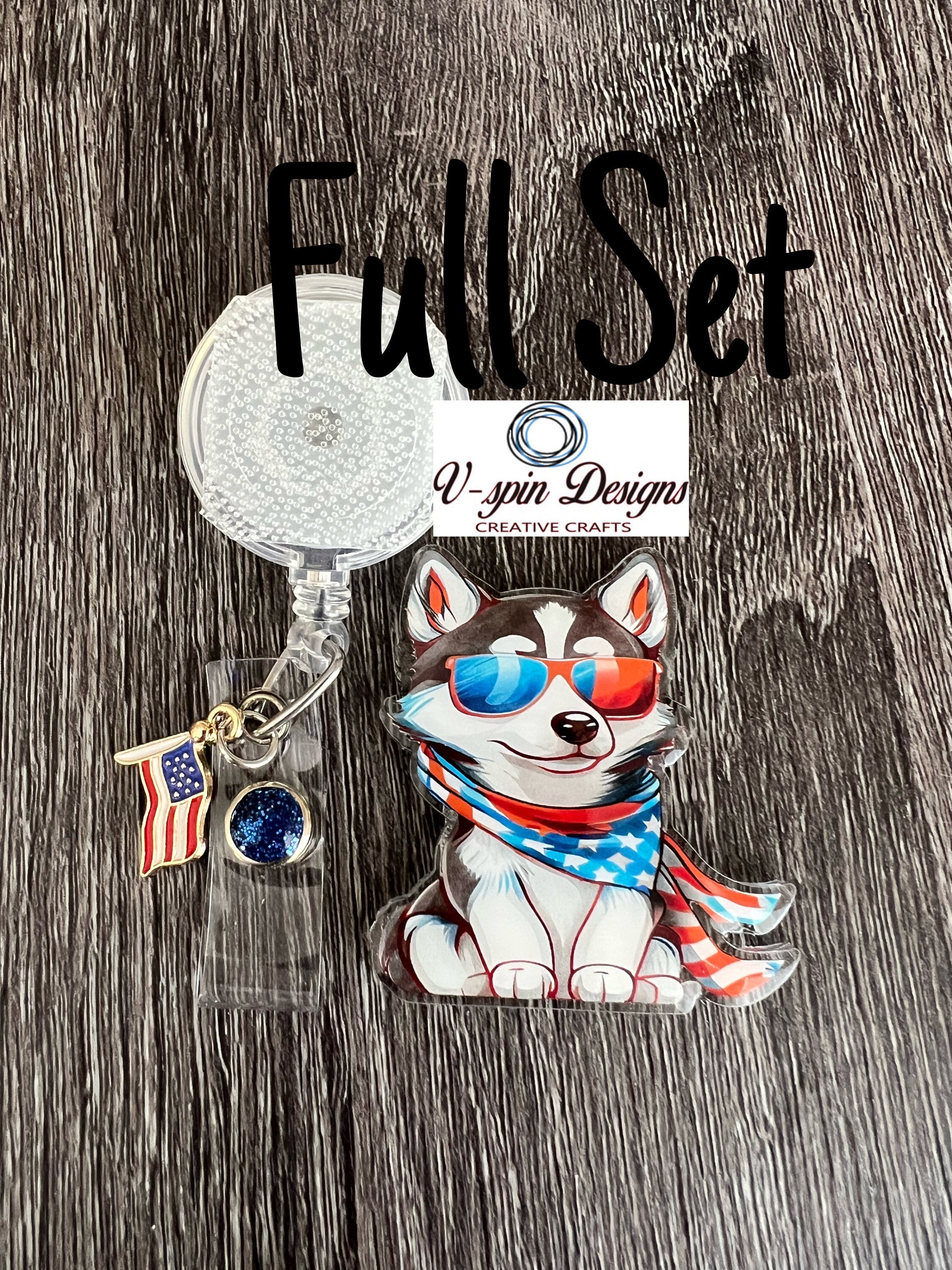 Patriotic Husky Dog Badge Reel | 4th of July Retractable ID Holder