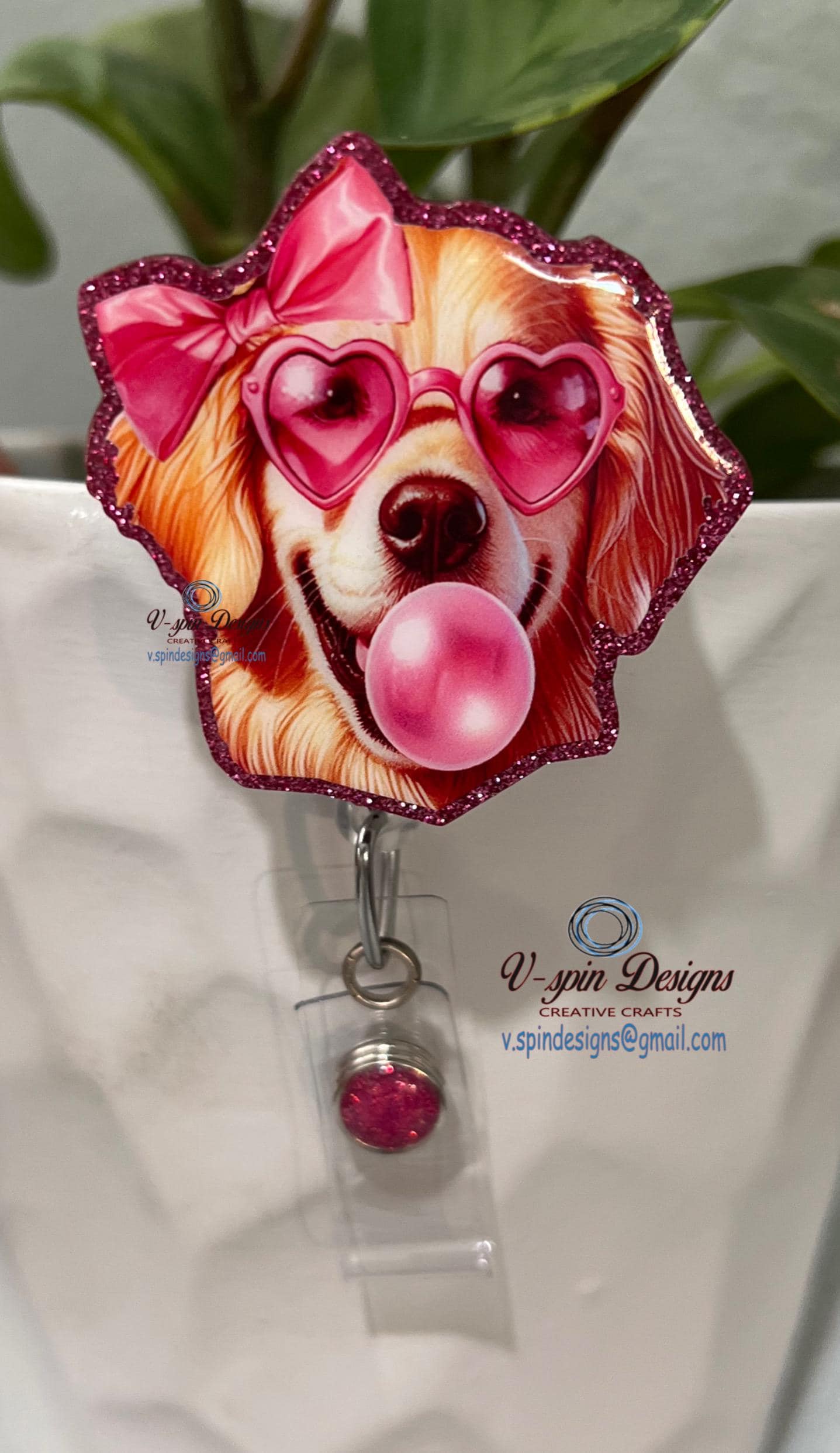 Girl Golden Retriever Bubblegum Badge Reel | Retractable Acrylic ID Holder