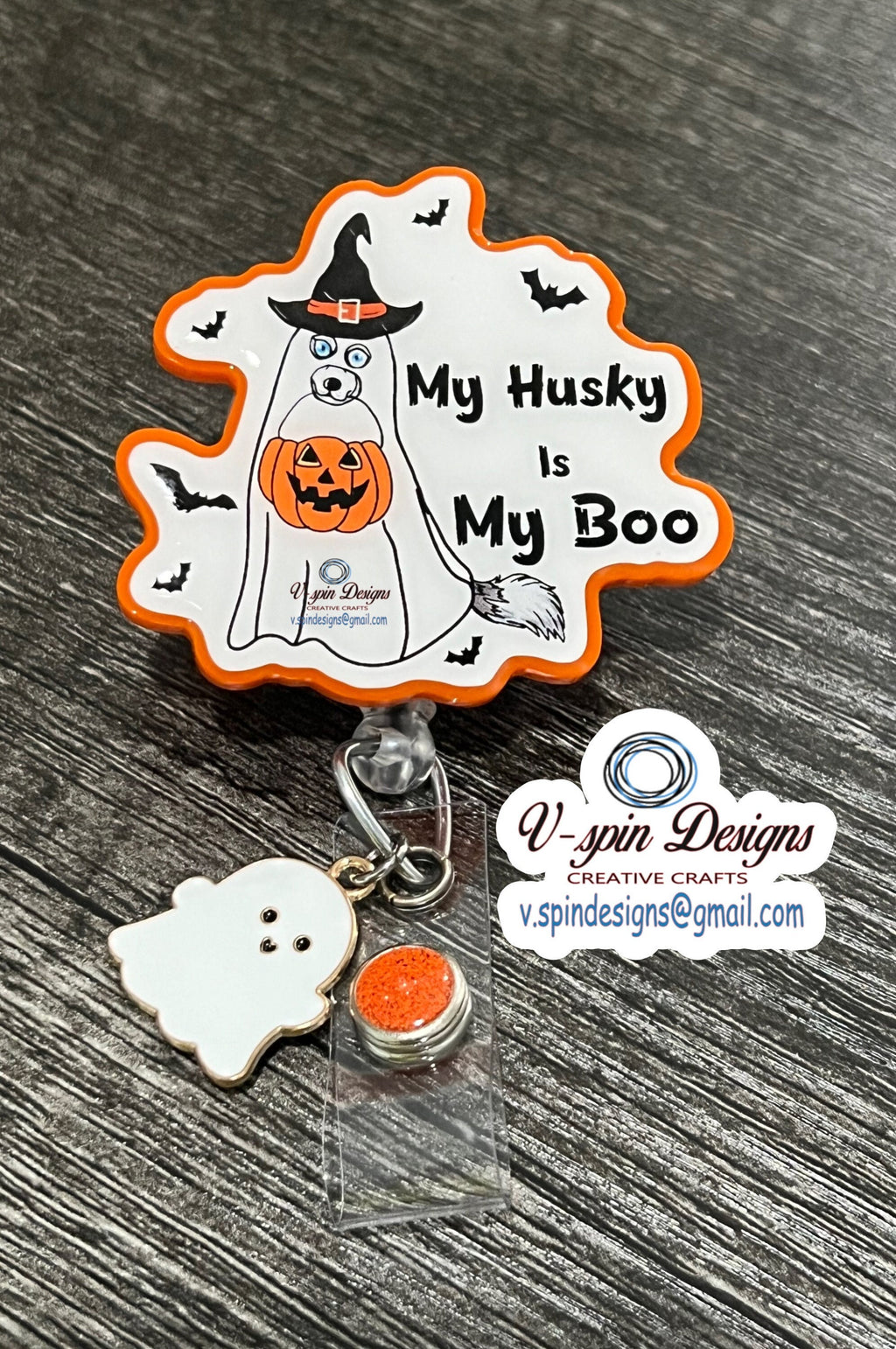 "My Husky Is My Boo" Halloween Badge Reel | Funny Retractable Acrylic ID Holder
