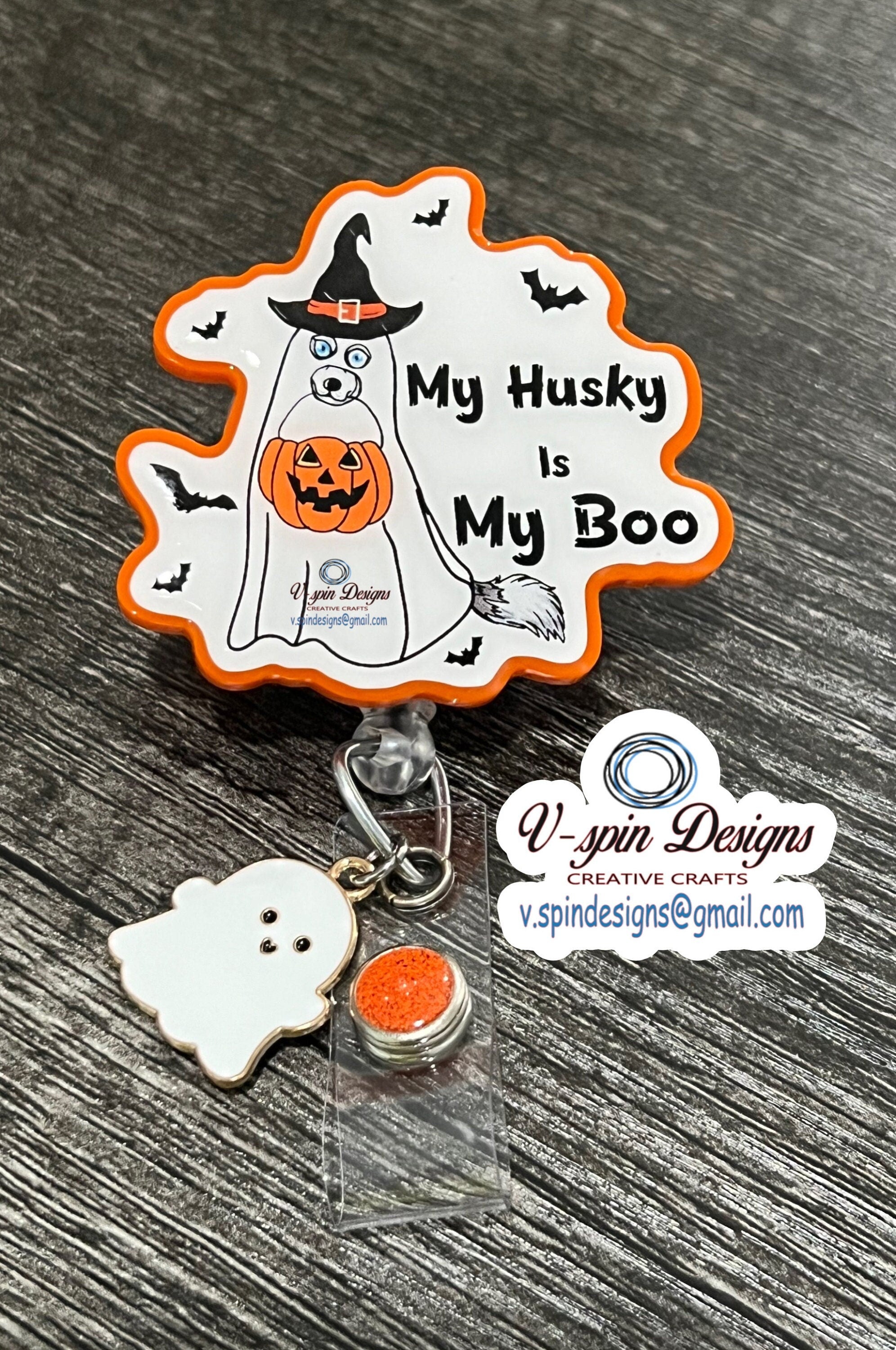"My Husky Is My Boo" Halloween Badge Reel | Funny Retractable Acrylic ID Holder