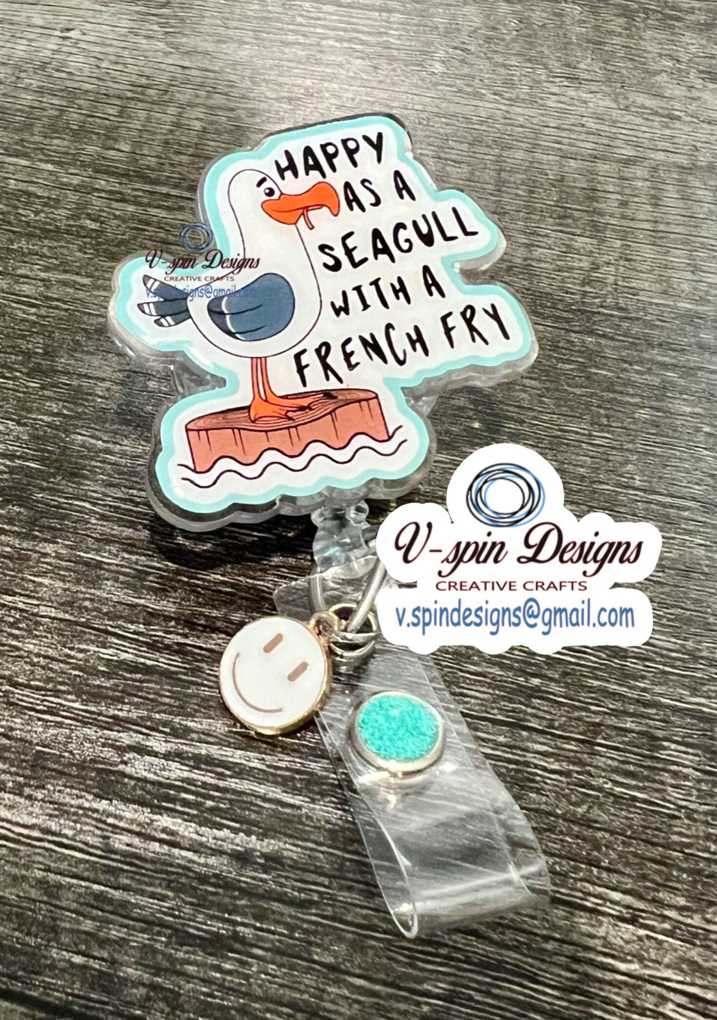 "Happy as a Seagull with a French Fry" Badge Reel | Funny Retractable ID Holder