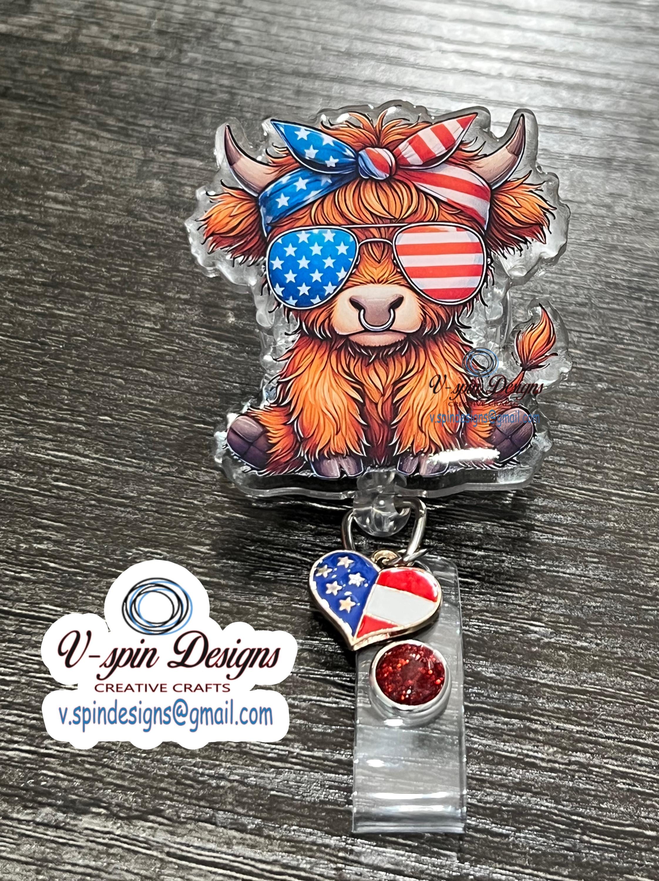 Sassy Highland Cow 4th of July Badge Reel | Patriotic Retractable Acrylic ID Holder
