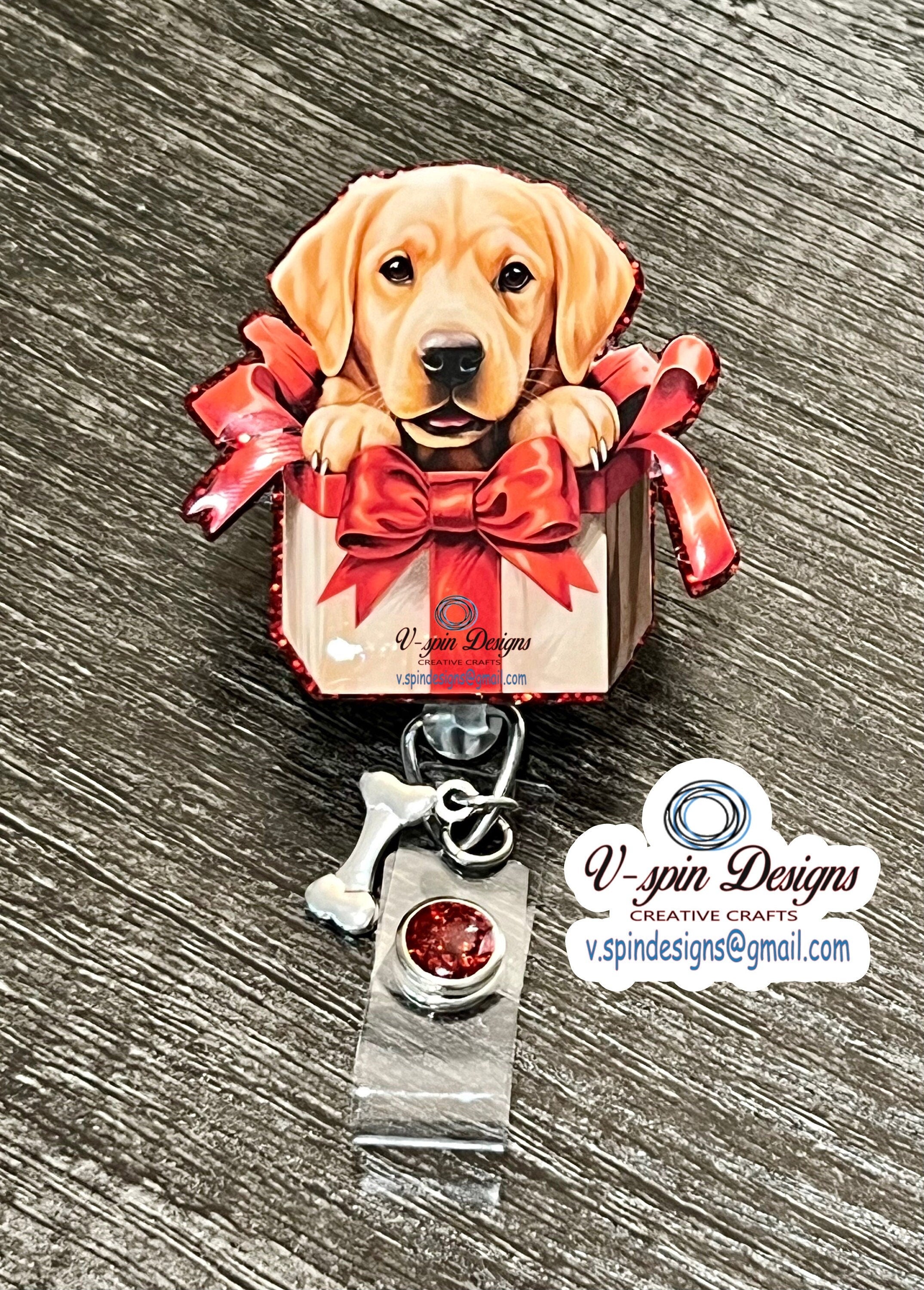 Labrador Retriever Christmas Puppy Badge Reel | Holiday Retractable Acrylic ID Holder