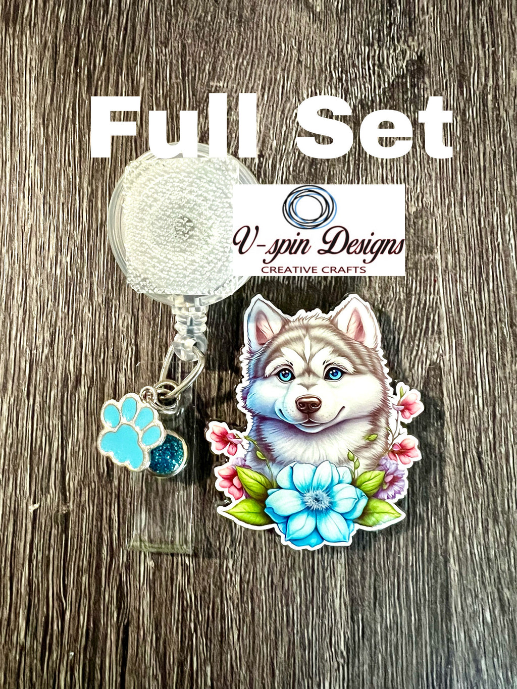 Blue Flower Husky Dog Badge Reel | Retractable Acrylic ID Holder