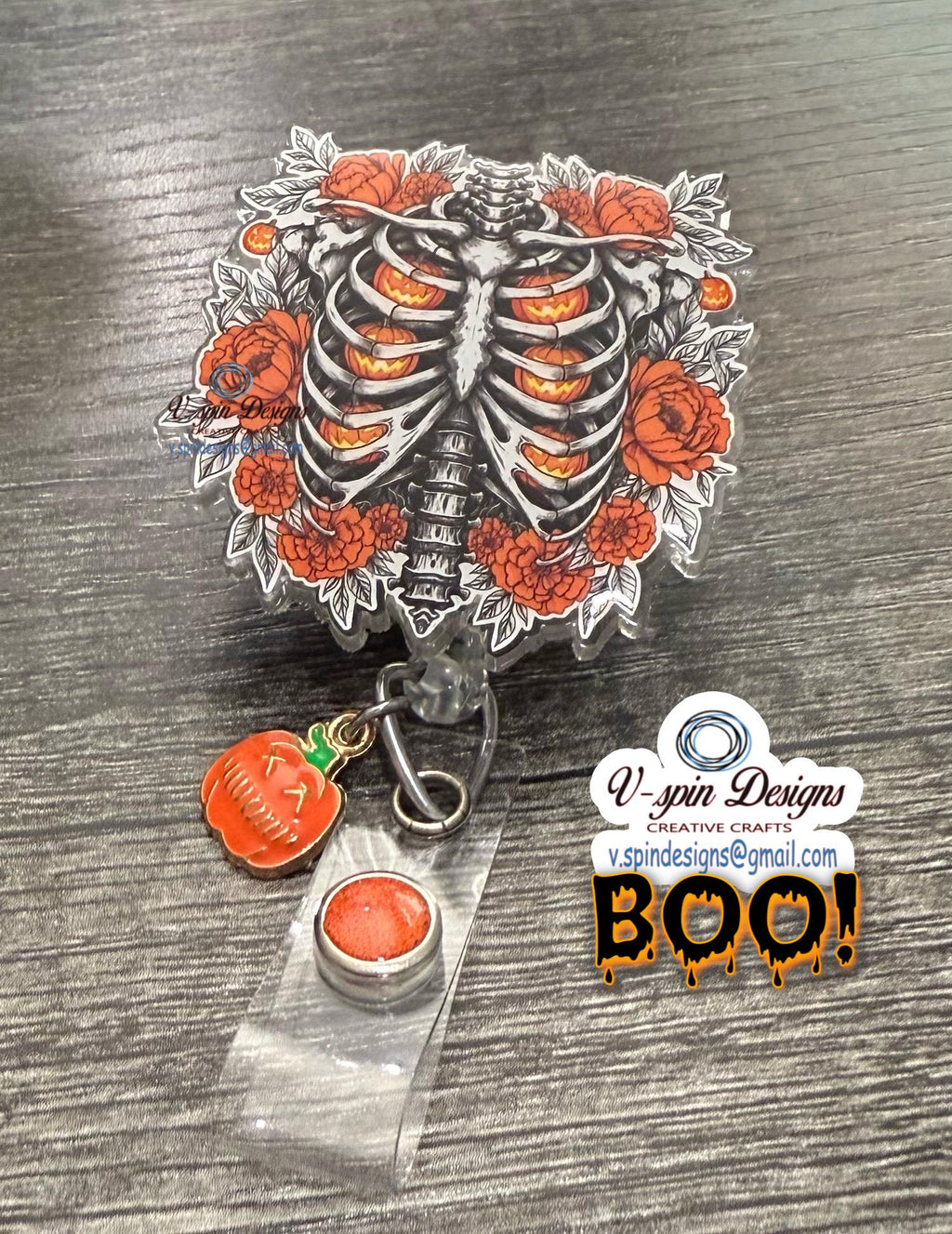 Skeleton Pumpkin Rib Cage Badge Reel | Halloween Retractable Acrylic ID Holder