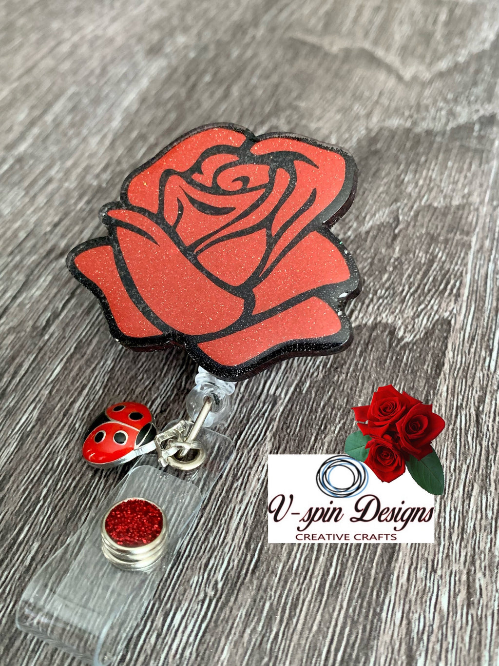 Red Rose Badge Reel | Retractable Acrylic ID Holder