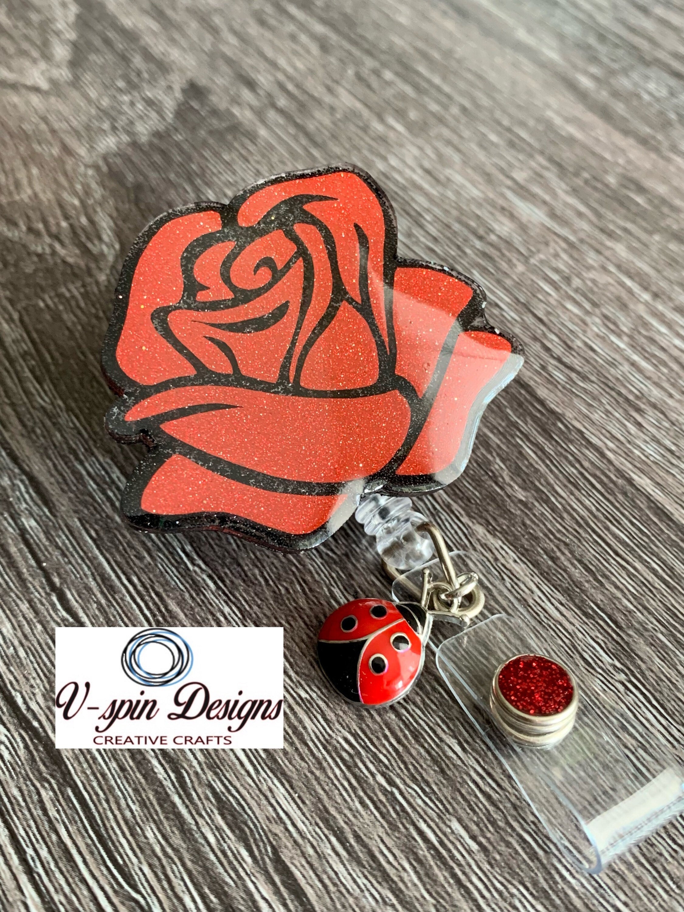 Red Rose Badge Reel | Retractable Acrylic ID Holder