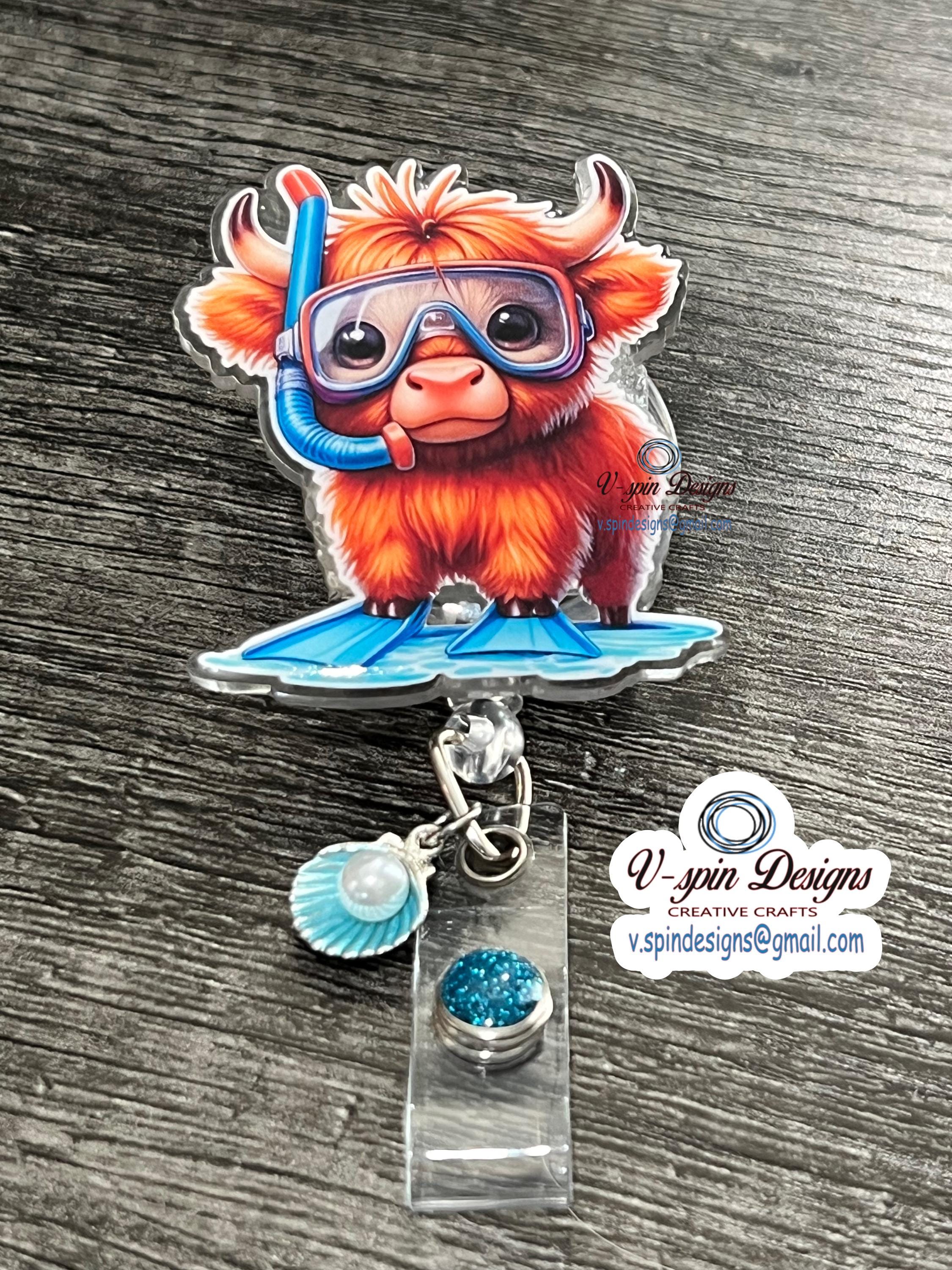 Snorkeling Highland Cow Badge Reel | Summer Retractable Acrylic ID Holder