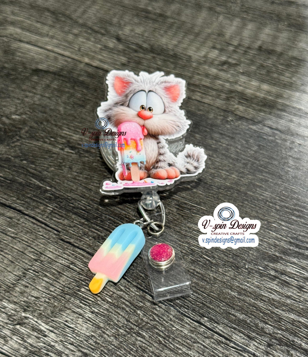 Cute Whimsical Summer Cat Badge Reel | Retractable Acrylic ID Holder