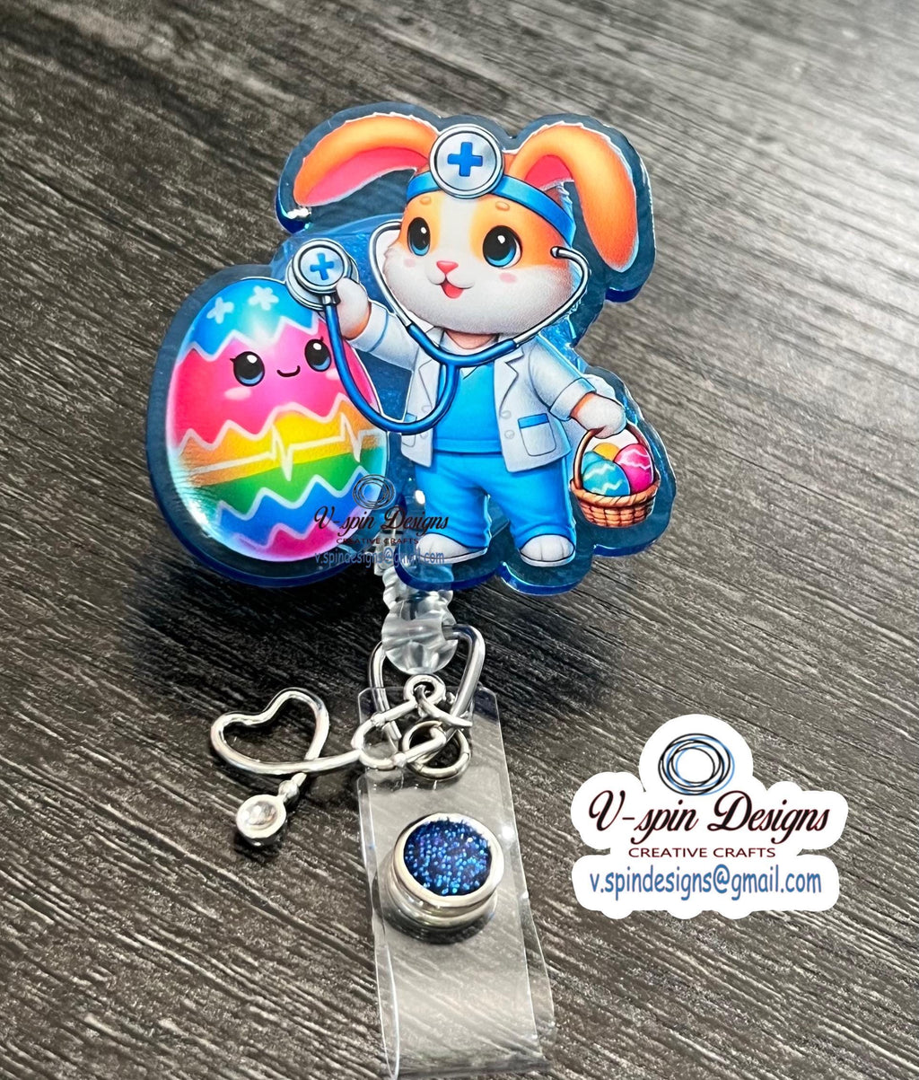 Easter Bunny Doctor & Nurse Badge Reel: Blue Acrylic Holiday ID Holder