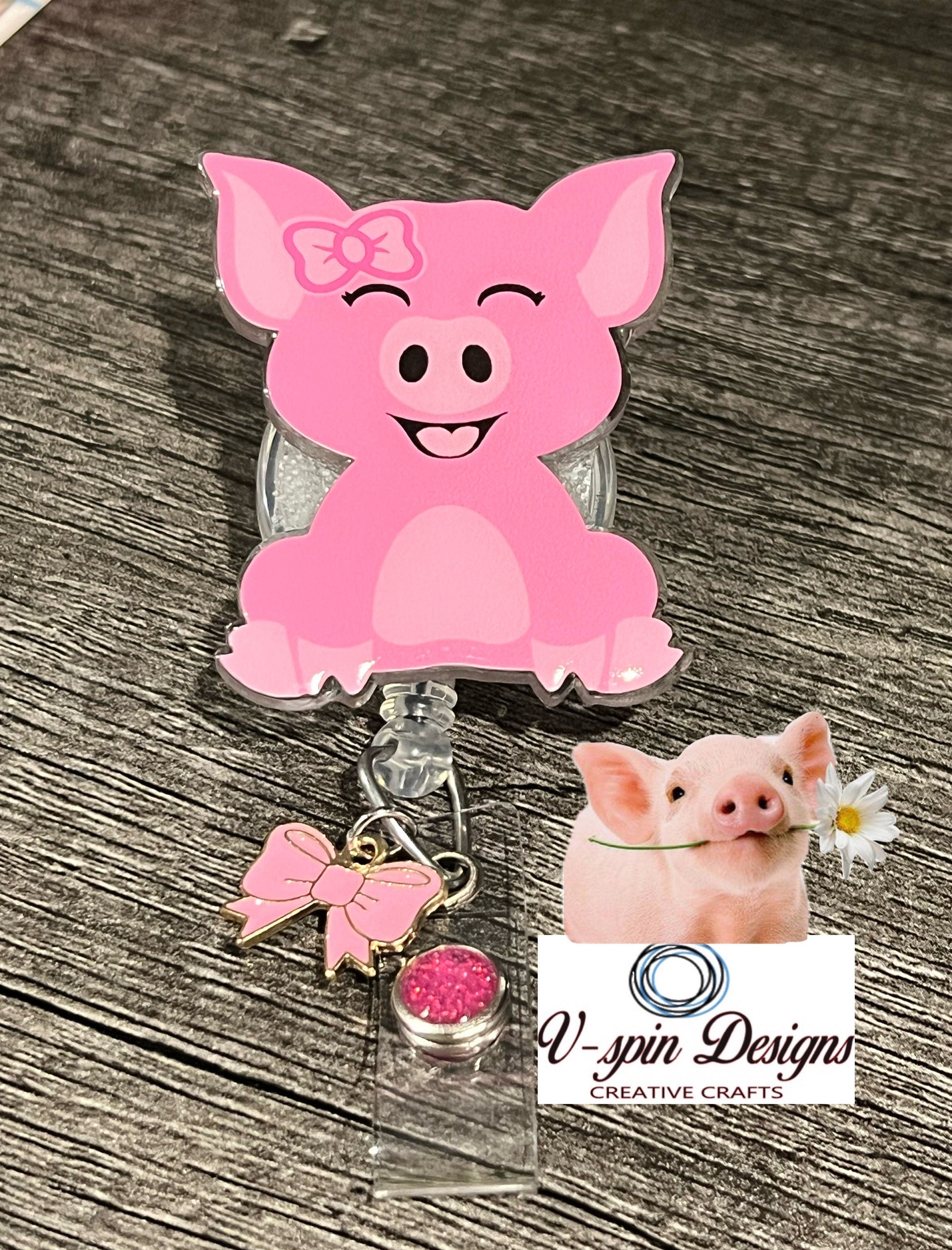 Pink Piggy Badge Reel: Cute Acrylic Retractable ID Holder