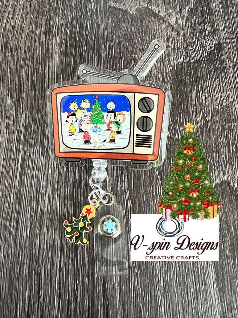 Retro TV Christmas Movie Classics Badge Reel | Holiday Retractable Acrylic ID Holder
