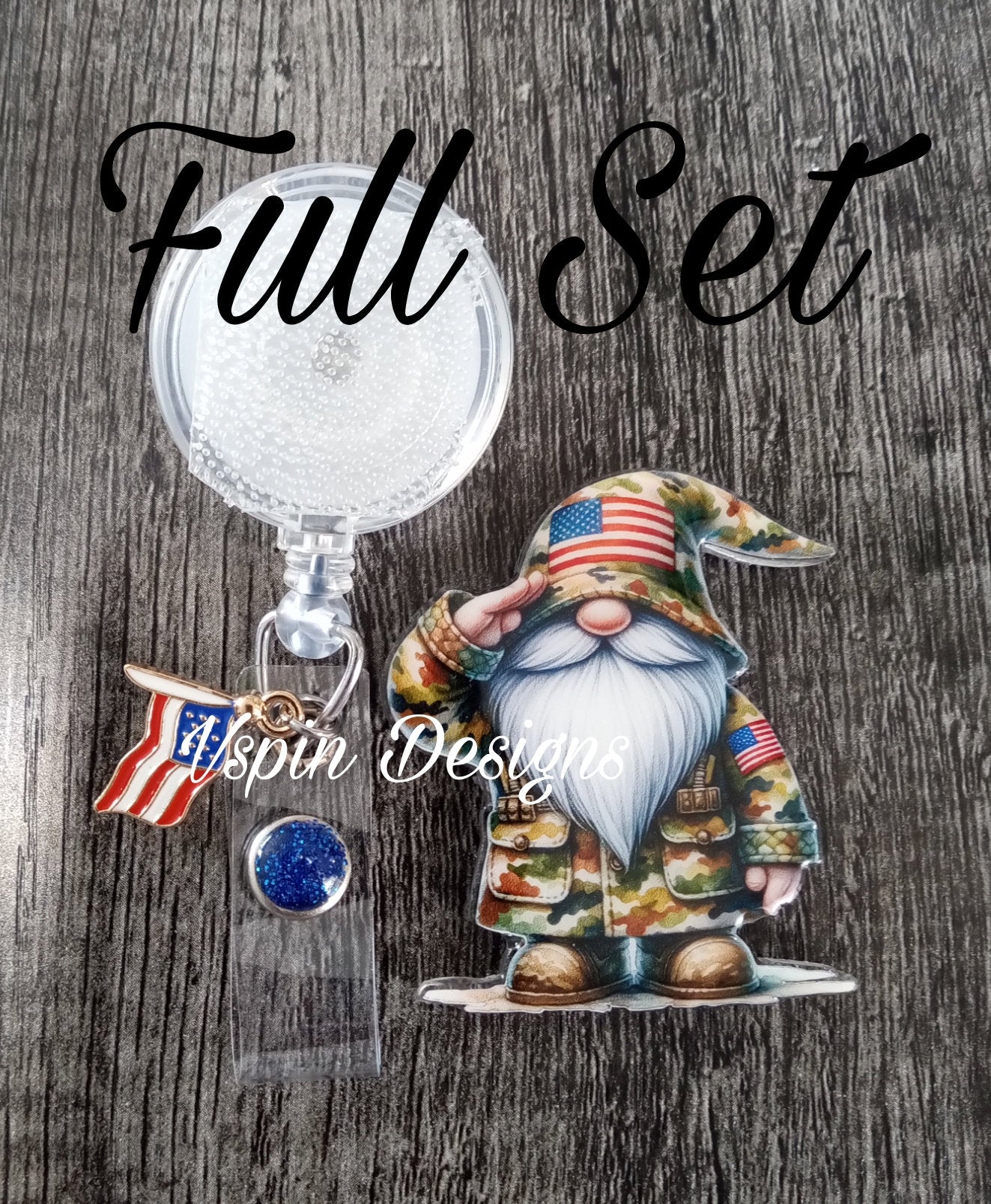 Military Gnome Saluting Badge Reel | Patriotic Retractable Acrylic ID Holder